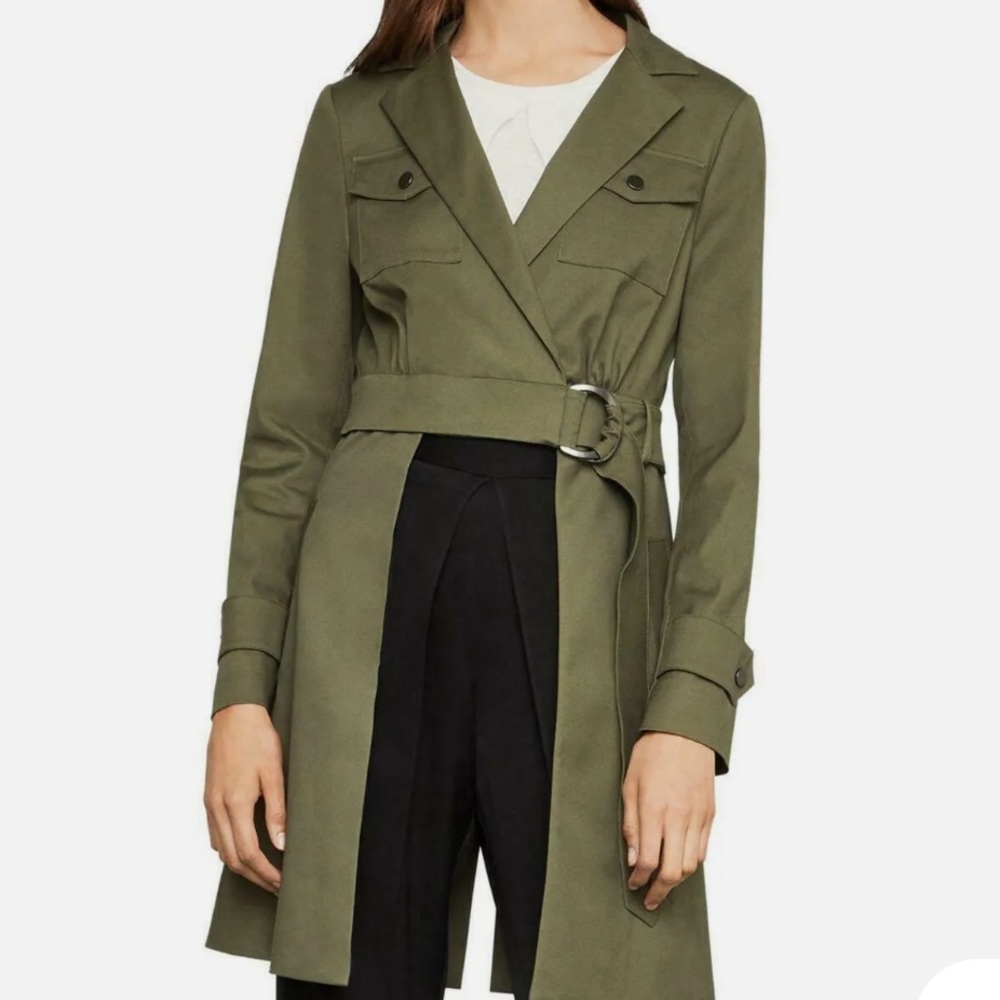 BCBGMAXAZRIA OPEN-PANEL W/BELT TWILL TRENCH JACKET OLIVE
